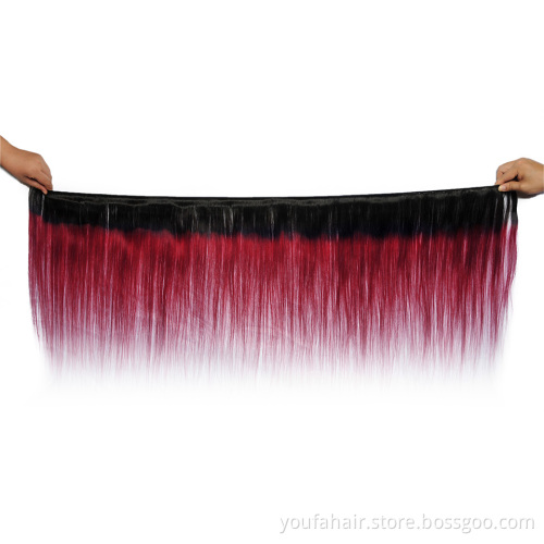 Wholesale Price Brazilian Virgin Human Hair Colorful Ombre 1b/burgundy Hair Bundles Wine Red Remy Hair Extension with Closure